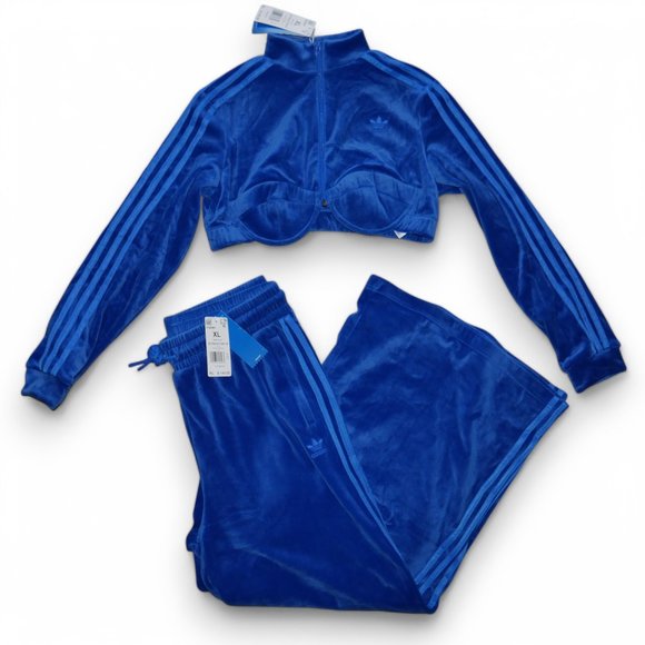 Adidas Jeremy Scott Blue Velour Tracksuit Crop Top And Pants Womens Size XL NWT